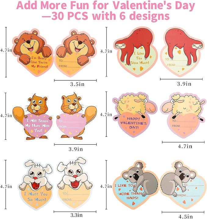 Mibor Valentines Day Cards for Kids - 30 Slap Bracelets + 30 Valentines Cards for Kids Class, 6 Cute Animals Patterns Cards, Kids Valentines Day Cards for School Classroom Valentines Day Decorations