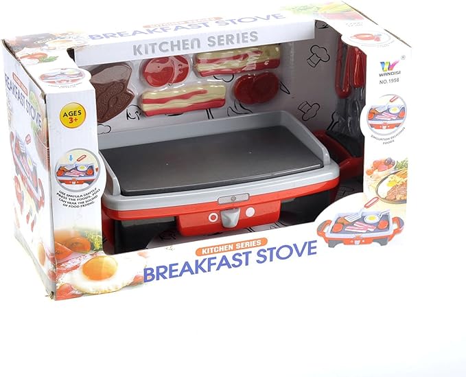 PowerTRC Breakfast Kids Toy Grill Playset for Ages 4-8, Cooking Toys Play Grill Set for Kids, Pretend BBQ Grill with Realistic Sounds Foods Utensils