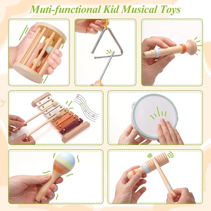 Baby Musical Instruments,Montessori Wooden Percussion Instruments Toy for Toddlers1-3, with Modern Boho Xylophone Tambourine for Kids Preschool Educational 3+ Christmas Birthday Gifts