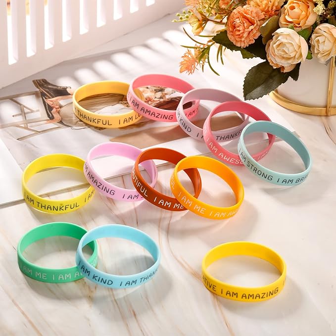Sratte 48 Pcs Inspirational Silicone Wristbands Rubber Stretch Unisex Bracelets Student Gift Stocking Suffers for Class(Fresh Color)