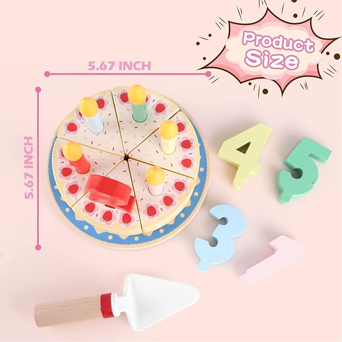 Wooden Cutting Cake Play Set, Fake Cake with Candles and Numbers, Pretend Play Food Set, Montessori Tea Party Toys Learning Kitchen Toys for Boys Girls 1-6 Years