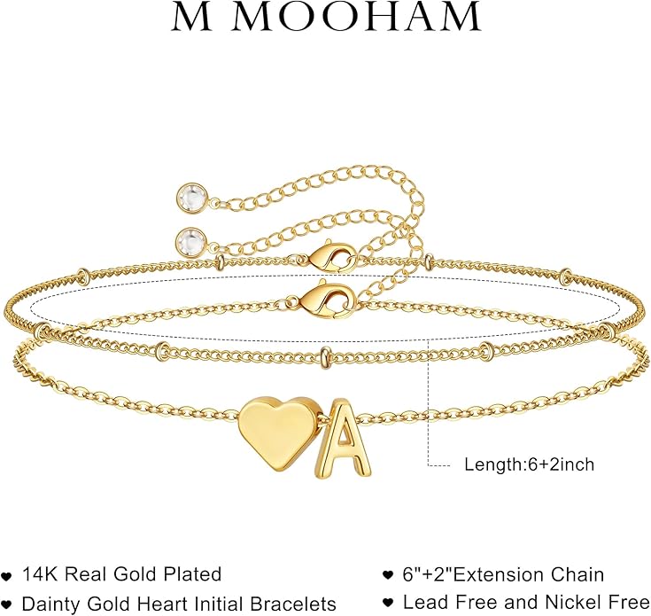 M MOOHAM Mothers Day Gifts for Kids Teens Girls - 14K-Gold-Plated Heart Initial A-Z Bracelets for Women Girl Dainty Gold Bracelets Birthday Mothers Day Gifts for Mom Grandma Teenage Girls Kids Teens