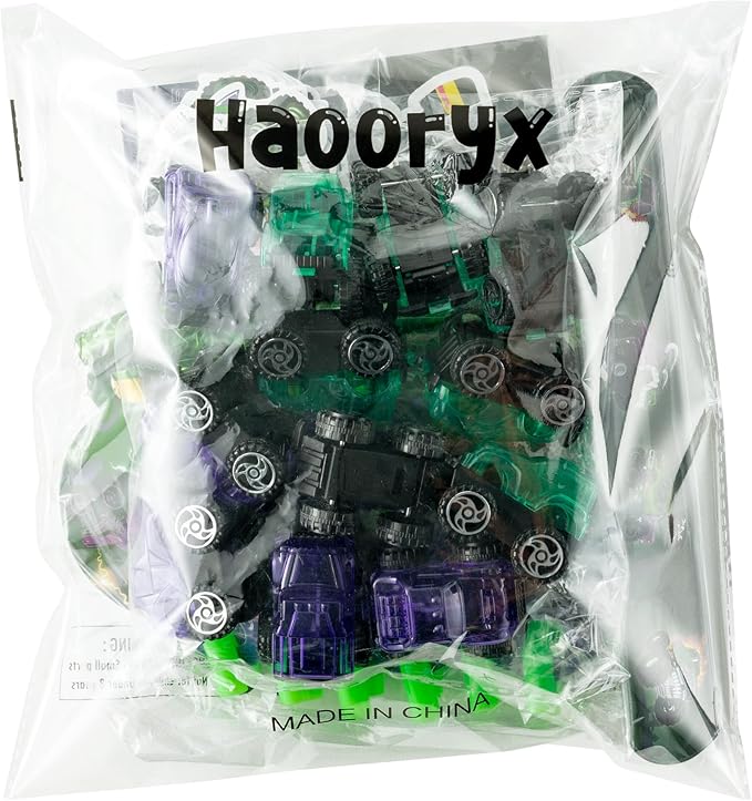 Haooryx Green Purple Monster Truck Party Favor - 122Pcs Monster Truck Slap Bracelets Sticker Blowouts Noisemakers Mini Vehicles Car Toy Keychain with Gift Bag for Kids Birthday Party Goodie Bag Supply