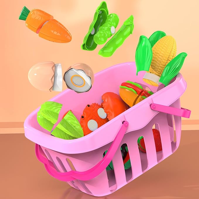 94 Pcs Cutting Play Food Set for Kid Kitchen (45 Items), Pretend Play Food with Shopping Basket, Fake Food Accessories with Fruit Vegetable Toy for Toddler, Educational Gift for Little Girl Birthday
