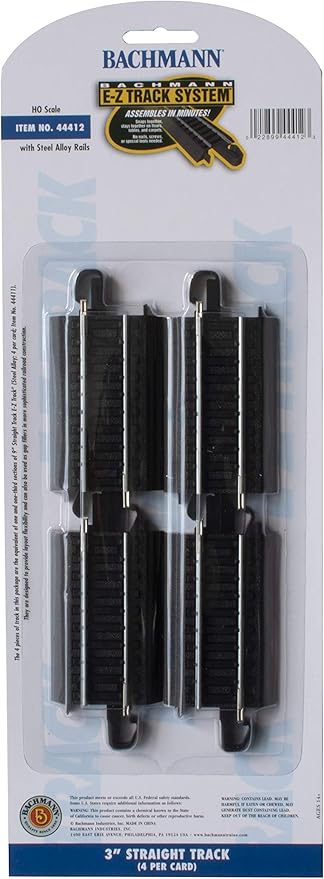 Bachmann Trains - Snap-Fit E-Z TRACK 3” STRAIGHT TRACK (4/card) - STEEL ALLOY Rail With Black Roadbed - HO Scale