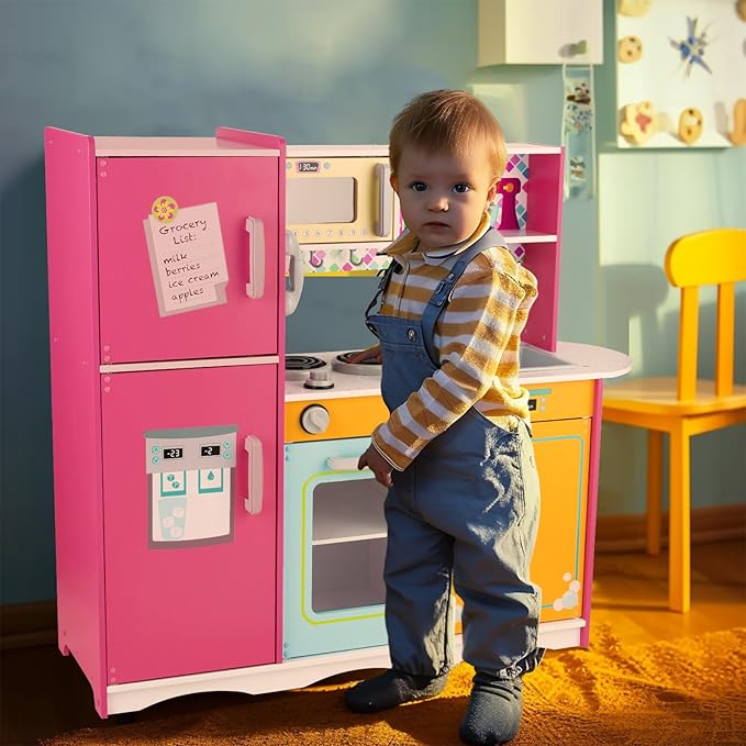 Kitchen Playset for Kids Ages 3-8, Wooden Pretend Play Kitchen, Including Telephone, Ice Maker, Refrigerator, Dimensions: 35” H x 31” W x 12” D (Colorful)