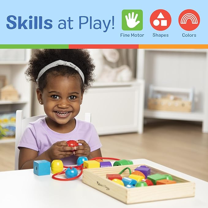 Melissa & Doug Primary Lacing Beads - Educational Toy With 30 Wooden Beads and 2 Laces For Toddlers, Fine Motor Skills Lacing Toys For Toddlers And Kids Ages 3+