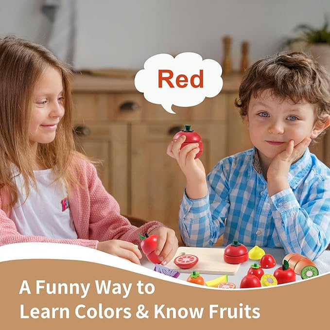 WHOHOLL Wooden Play Food for Kids Kitchen Playset, Play Kitchen Accessories Pretend Cutting Food Montessori Toys for 2+ Year Old with Basket, Toy Food for Fine Motor Skills