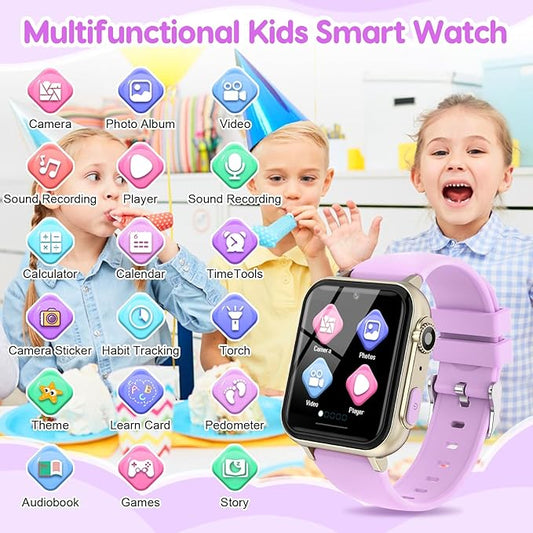 cjc Smart Watch for Kids Gift for Girls Ages 4-12 - Includes Screen Protector, 30+ Games, 140 Learning Cards, HD Touch Screen, Camera, Music, Pedometer - Fun & Educational Birthday Gift Idea (Purple)