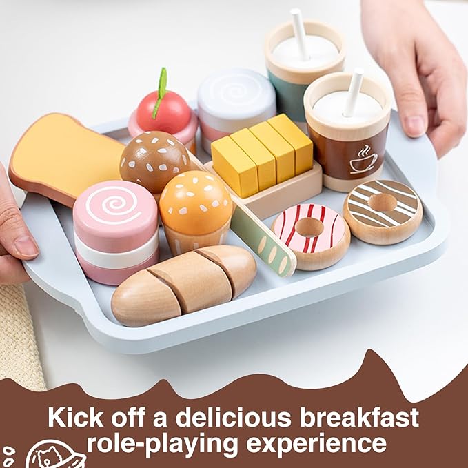 Breakfast Group Series Kitchen Toys, Wooden Pretend Kitchen for Kids to Play Food Games, Kitchen playset for Toddlers 3-5, Cooking Toy Sets for Boys and Girls