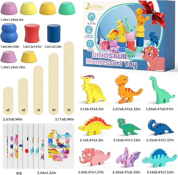 Montessori Dinosaur Toys for 1 2 3 4 Year Old Toddlers, Preschool Education Toys for Ages 2-4 Boys Girls Kids, Wooden Dinosaur Blocks Sorting & Stacking & Balance Toys, Educational Birthday Gift