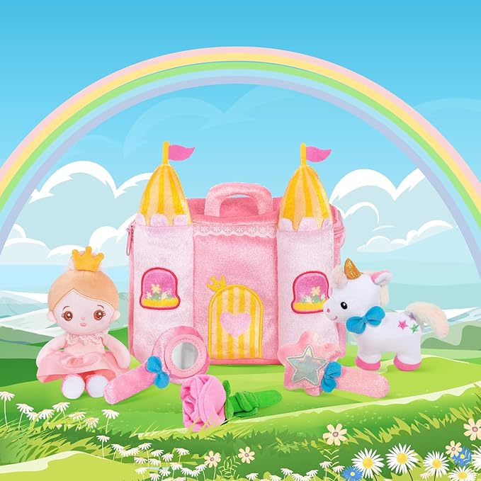 OUOZZZ Princess Castle Toys for 1-3 Year Old Girl Baby Doll Plush Toy House Stuffed Animal Toy Set - Sensory Educational Toys for 12-18 Months Infant - Fisrt Birthday Gifts for Toddler