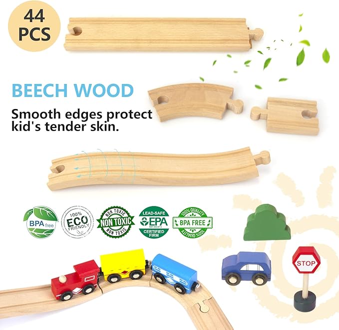 Wooden Train Track 44 Piece Set, Train Track Expansion Compatible with All Major Railroad Brands Including Thomas Wooden Train, Brio, Thomas The Tank Engine