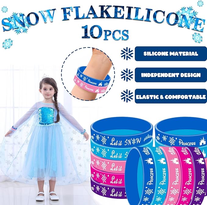 110Pcs Snowflake Birthday Party Favors Supplies kids Girl Winter Party Decorations Set Include Stickers, Hair clips, Necklaces, Rings, Hair Ties, Hair clips, Bracelets