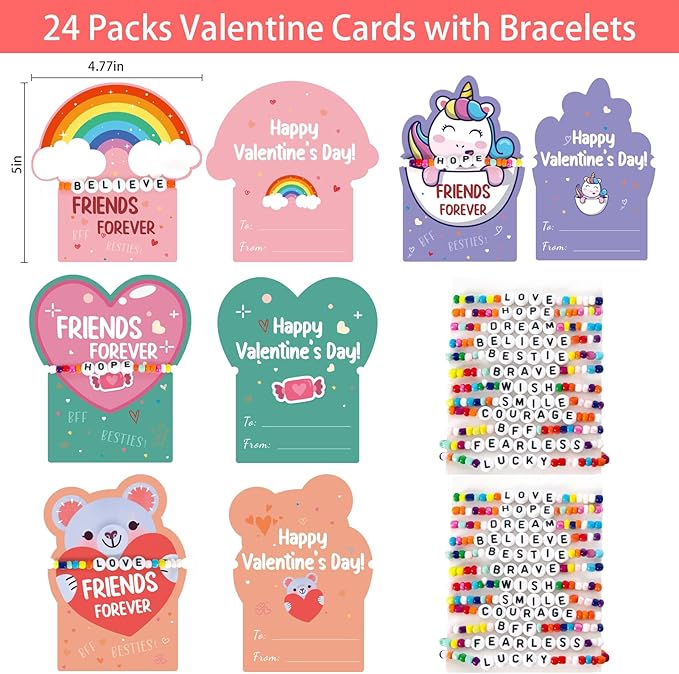 DAZONGE Valentines Day Gifts for Kids, Pack of 24 Friends Forever Valentines Cards with Friendship Bead Bracelets for Classroom Prizes, Exchange Gift, Valentineās Day Cards for Kids School