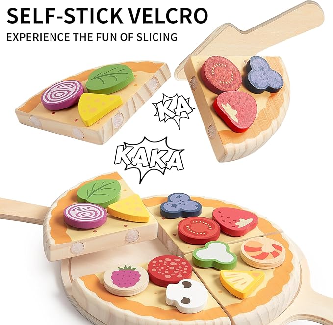 PairPear Wooden Pizza Toy Cutting Play Food Set, Kids Pretend Play Kitchen Accessories, Wooden Kids Kitchen Playset, Pizza Making Toy Set Cooking Gifts for Boys Girls Age 3+