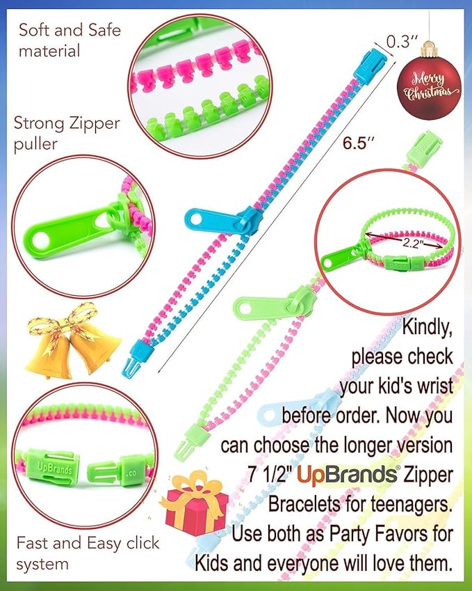 UpBrands 12 Pack Bi-color 6 1/2-Inch Zipper Bracelets | Trendy Fidget Accessory, Dual-Tone Design, Ideal for Kids & Adults, Sensory Relief, Party Favor & Classroom Reward