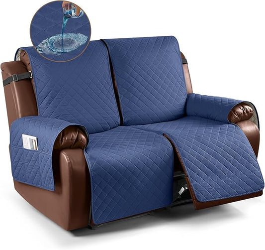 KinCam Waterproof Loveseat Recliner Cover, Non-Slip Reclining Couch Covers for 2 Seat, Recliner Sofa Cover Furniture Protector with Elastic Straps for Kids, Pets, Blue