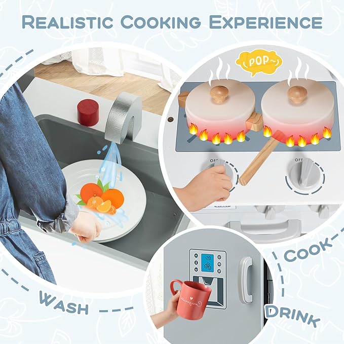 Costzon Kids Kitchen Playset, Wooden Pretend Play Toy Set with Realistic Sound, Microwave, Oven, Washing Machine, Refrigerator, Sink, Play Kitchen for Toddlers, Gift for Boys Girls Age 3+