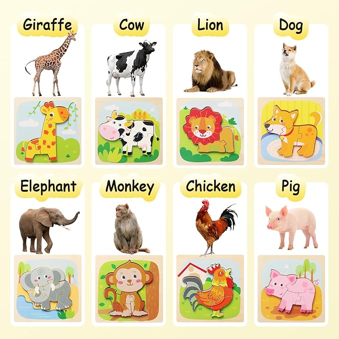 Wooden Puzzles for Toddlers 2-4, 8 Pack Animal Puzzles for 1-3 Years Boys Girls, Montessori Educational Toy for Ages 1-4, Baby Learning Toys Gifts with Storage