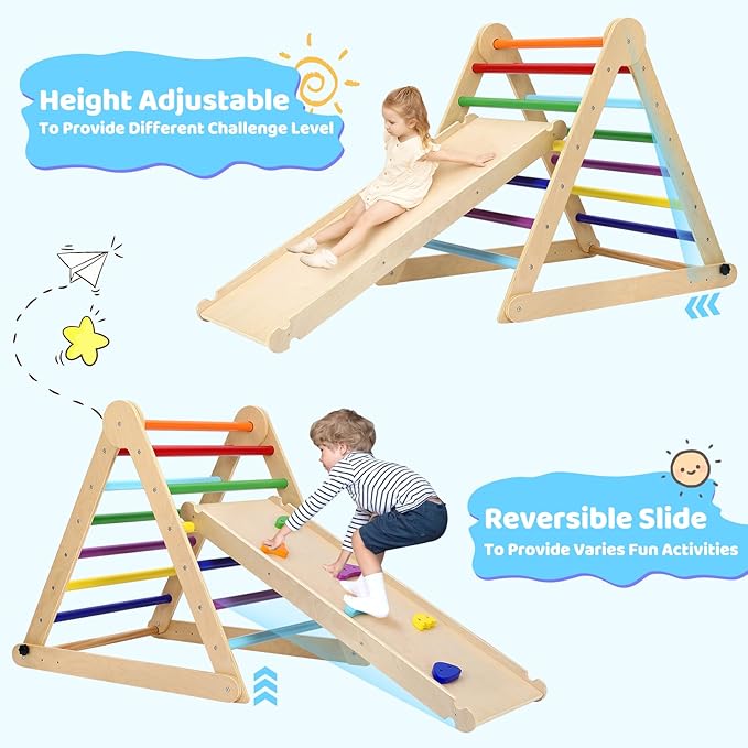 YOLEO Large Pikler Triangle Set, Wooden Toddler Climbing Toys Indoor with Safer Sturdy Base, Montessori Pikler Triangle Climbing Set for Kids' Indoor Climber & Playground & Jungle Gym (Rainbow)