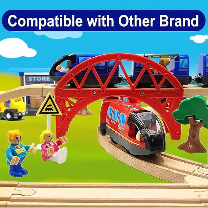 Battery Operated Wooden Train Track Set Toy High Speed for Toddlers 3 4 5 Years Old Boys Kids Magnetic Couplings City Vehicle with Figures