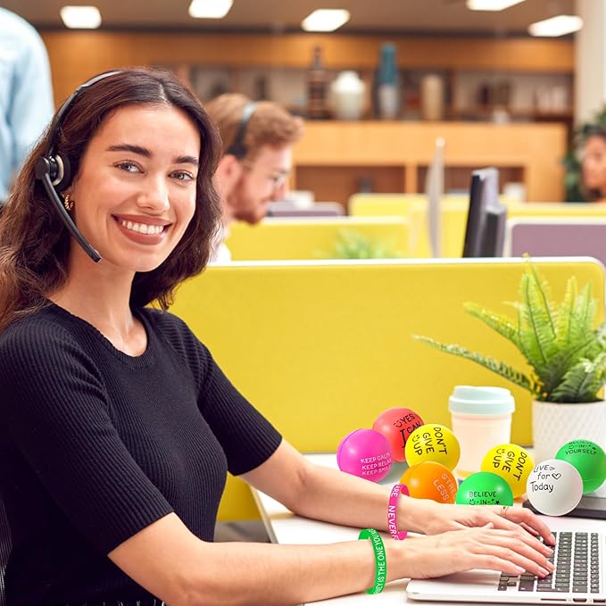 Shappy 144 Pcs Motivational Party Favor Includes 72 Stress Relief Motivational Stress Balls 1.97 Inch Mini Foam Balls 72 Inspirational Silicone Bracelets Quote Silicone Wristbands (Bright Color)