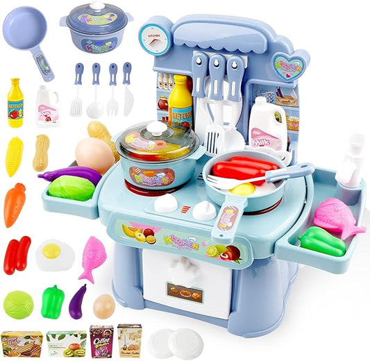 Kitchen Toys Imitated Chef Light Music Pretend Cooking Food Set,Children Girl Toy Gift Toy Kitchen Sink with Running Water and Electronic Induction Stove (red Kitchen Set) (Blue Kitchen Set)