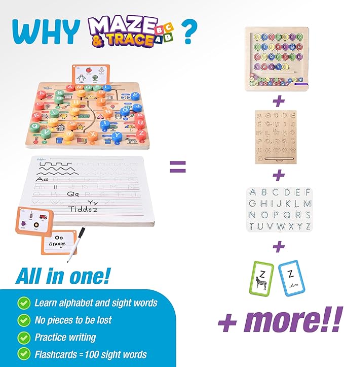 Maze & Trace Alphabet Double-Sided 8in1 Modes! Montessori Toy for Toddlers 3-6 Years. Wooden Puzzle, Flashcards, Tracing & 100+ Sight Words. Encourages Early Literacy & Motor Skills!