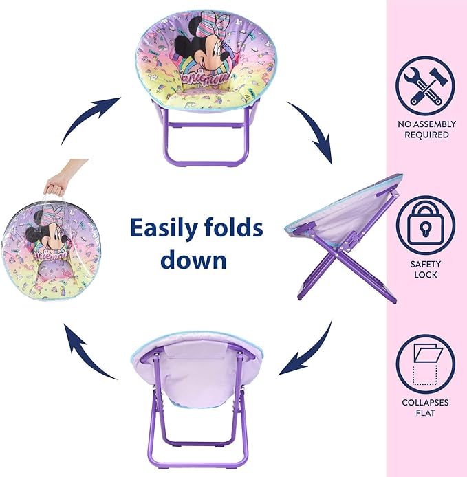 Idea Nuova Disney Minnie Mouse Toddler 19" Folding Saucer™ Chair, Portable Fun Character Design, Ages 3+