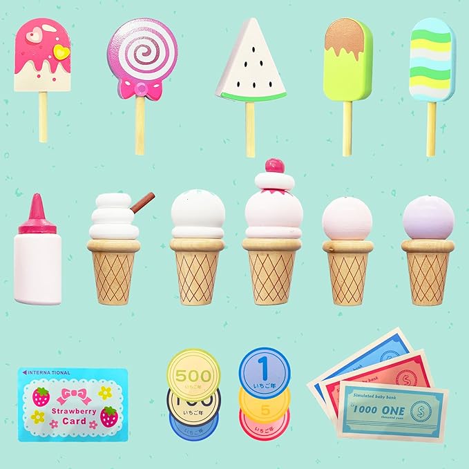 Wooden Ice Cream Truck Toy Playset with Ice Cream Toys,Ice Cream Cart Toys for Toddlers and Kids 3-7,Learning Toys for Boys & Girls, Daycare/Preschool Educational Toys,Pretend Play Toys