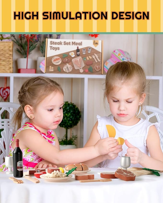 Wooden Play Food Set, Wooden Food Toys for Toddlers 1-3, Wooden Kitchen Toys Include Steak Pasta Wine Shopping Bag, Montessori Kitchen Tools for Toddlers, Cut Fruit Gift for Girl Boy 3-5 Years