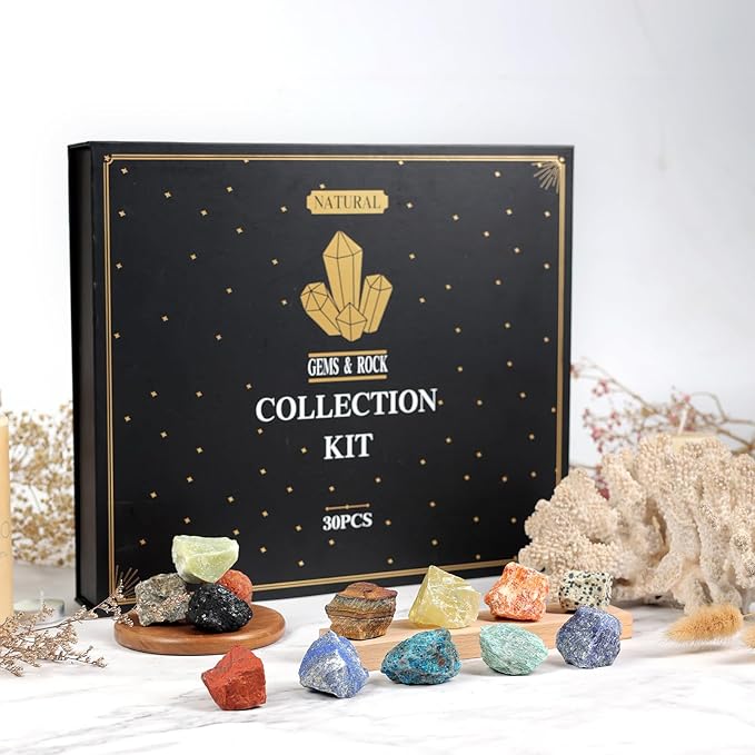 Rock Collection for Kids - 30 Pcs Rocks, Gemstones & Crystals Kit with Learning Guide,Mineral Education Set Geology Science STEM Toys, Earth Science Activity,Gifts for Boys & Girls