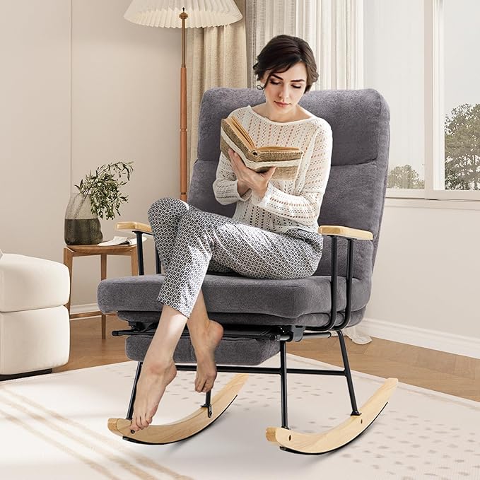Rocking Chair with Footrest-Glider Rocker Chair with Retractable Footrest and Adjustable Backrest, Teddy Upholstered Rocking Chair, Modern Accent Chair for Living Room/Nursery/Bedroom/Outdoor-Grey