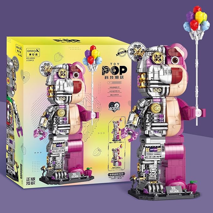 Pink Small Particles(1729 Pieces)Semi-Mechanical Building Block Teddy Bear Compatible with Lego Suitable for Ages 15+ Comes with a Transparent Display Box and a Multi-Functional Building Block Hammer