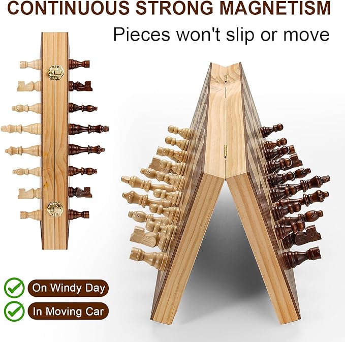Magnetic Chess Board Set for Adults & Kids, 15" Wooden Folding Chess Boards, Handcrafted Portable Travel Chess Game with Pieces Storage Slots