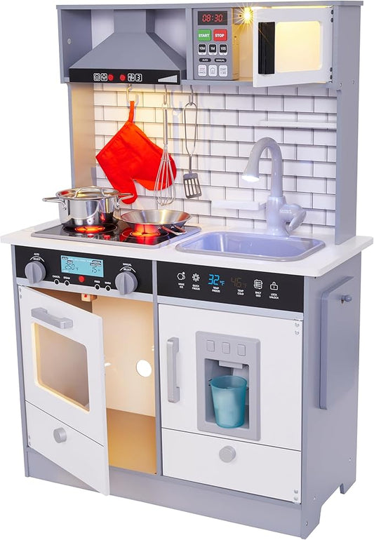 Lil' Jumbl Jumbl Kids Kitchen Set, Pretend Wooden Play Kitchen, Includes Range Hood, Microwave, Stove Top, Oven That Make Realistic Sound & Light, Pots, Pan, Cutting Board & Utensils Included,