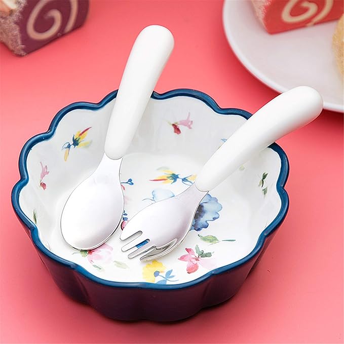 Kirecoo 2 Set Toddler Utensils, Toddler Forks and Spoons, Stainless Steel Toddler Silverware Set, Designed for Self Feeding Flatware Set with Travel Carrying Cases BPA Free (White & Pink)