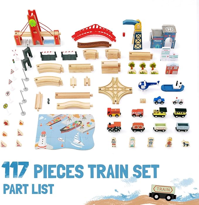 Giant bean 117 Pcs Busy Port City Train Set for Kids- Expandable & Changeable Wooden Train Track Set Toddler Toy, for Boys & Girls Ages 3+