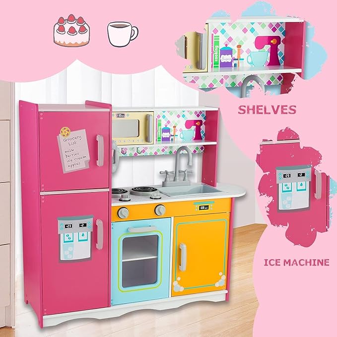 Kitchen Playset for Kids Ages 3-8, Wooden Pretend Play Kitchen for Toddlers, Including Telephone, Ice Maker, Refrigerator, Dimensions: 35” H x 31” W x 12” D (Multicolored)