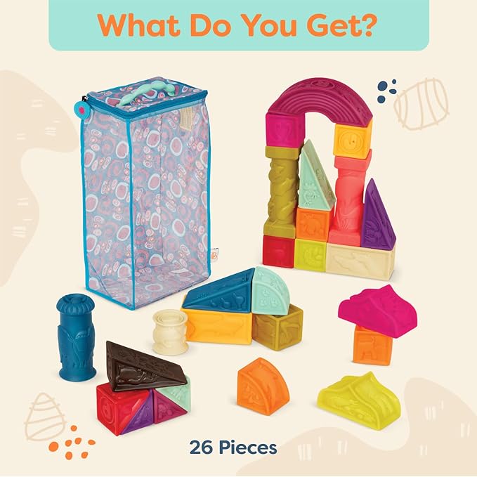 B. toys- B. baby- Elemenosqueeze- Baby Blocks- 26 Soft Sort & Stack Blocks With Alphabet – Architectural Building Blocks – Shapes, Letters & Animals – 6 Months +