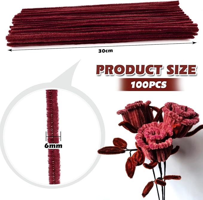TOAOB 100pcs Pipe Cleaners Dark Red Pipe Cleaners Chenille Stems 6mm x 12 Inch Fuzzy Sticks Craft Supplies for Art DIY Crafts Decorations