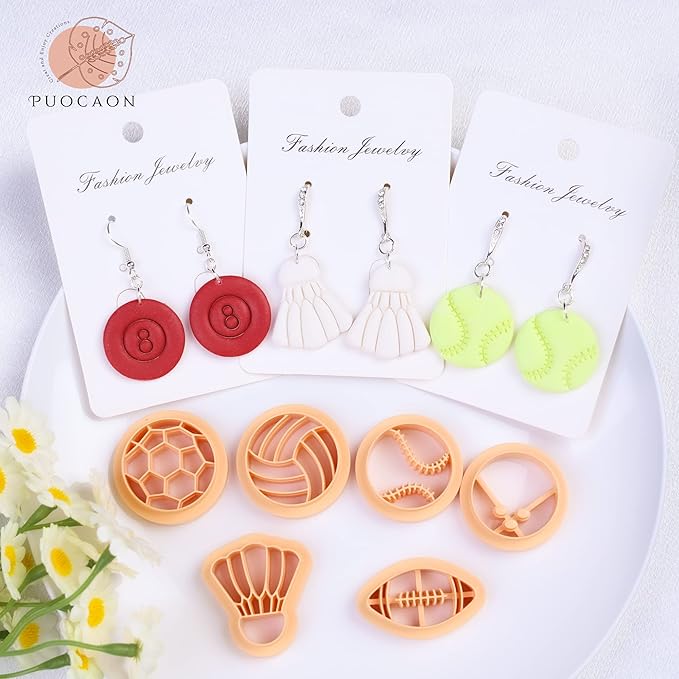 Puocaon Sports Polymer Clay Cutters - 16 Shapes Clay Cutters for Jewelry Making, Sports Theme Clay Earring Cutters, Tennis Badminton Billiards Clay Cutters, Plentiful Sports Clay Jewelry Cutters Set