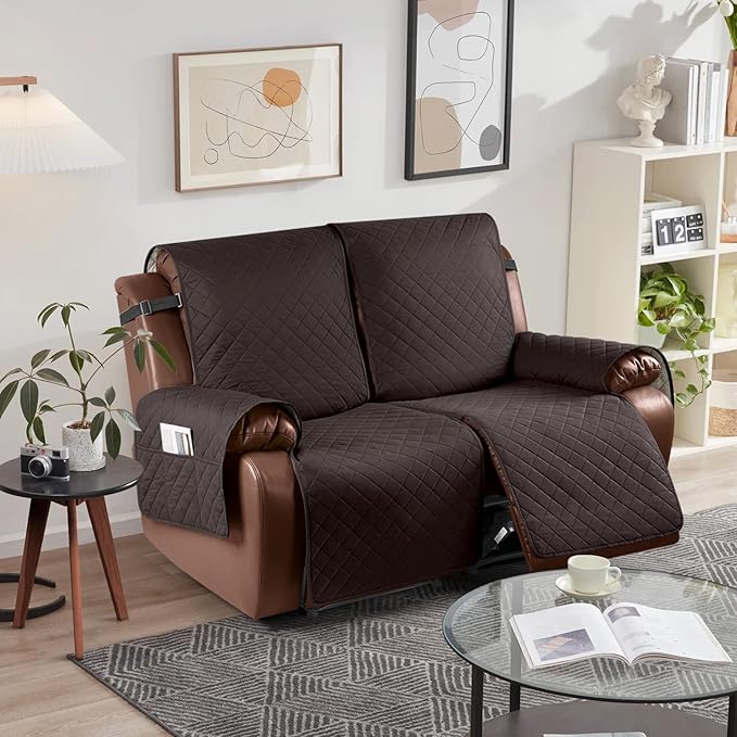 KinCam Waterproof Loveseat Recliner Cover, Non-Slip Reclining Couch Covers for 2 Seat, Recliner Sofa Cover Furniture Protector with Elastic Straps for Kids, Pets, Chocolate