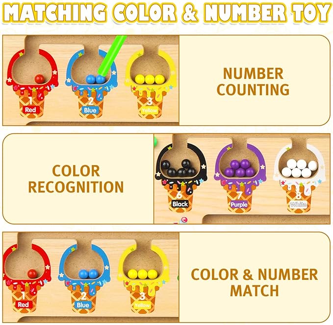 Magnetic Color and Number Maze, Wooden Color Matching Learning Counting Magnet Puzzle Board Montessori Toys, Toddler Educational Fine Motor Skills Learning Toys for Boys Girls 3+ Years Old