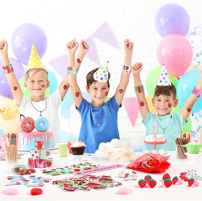 Blosssound 170 Pcs Strawberry Party Favors Set Strawberry Pendant Necklace Hair Rope Gripping Clips Bracelets Keychains Pinch Ball Stickers for Girls Baby Shower Birthday Party Decorations Supplies