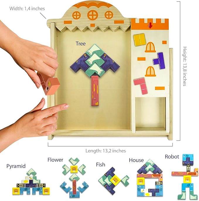 Wooden Blocks Puzzle 35 Pcs Tetra Tower Balance Stacking Board Game, Tangram Jigsaw Montessori Toys Team Building Blocks Family Games for Kids & Adults