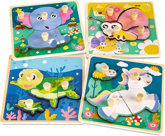 Wooden Toddler Puzzles, Funsland Peg Puzzles Gifts Toys, 4 Pcs Eco Friendly Animal Patterns Jigsaw with Handles, Infant Kid Fine Motor Skill Learning Educational Montessori Puzzles for 1 2 3 Years Old