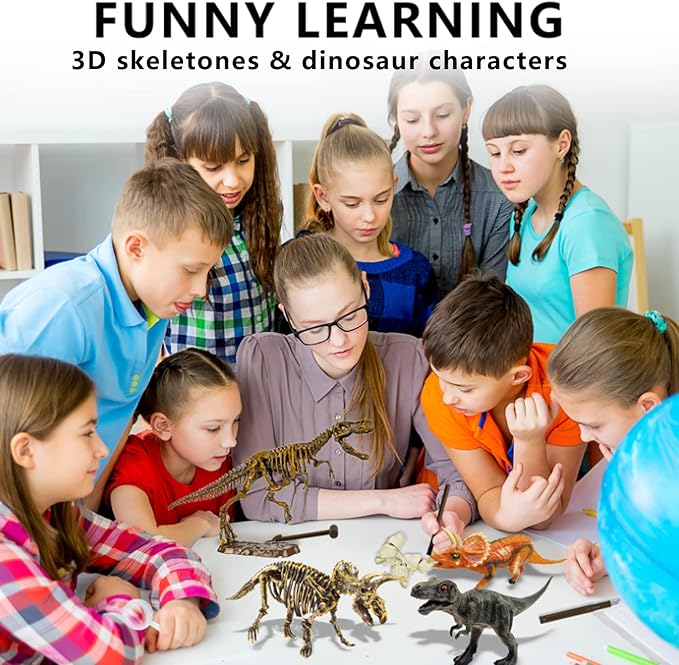 Dinosaur Fossil Dig Kit, Dino Excavation Kits for Kids, Educational Science Kits, Dinosaur Toys for Kids, Dig up 2 3D Skeleton Puzzles and 2 Dinosaur Figures Including T-Rex, Triceratops