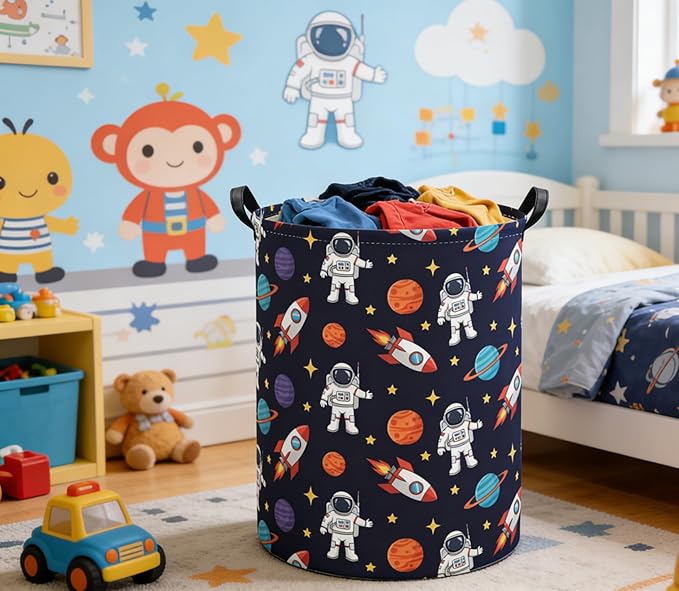 Baby Laundry Basket Kids Hamper Toy Storage Bin for Boys Room Decor Baby Nursery Hamper Gift Baskets for Bedroom Bathroom(Blue Astronaut)
